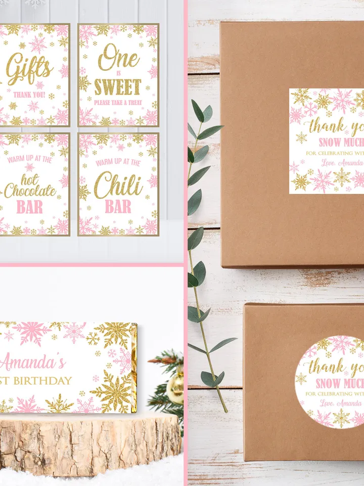 Winter Onederland Birthday Girl Decorations, Winter Onederland Birthday Party Package Bundle, Pink Gold Snowflakes Editable Template