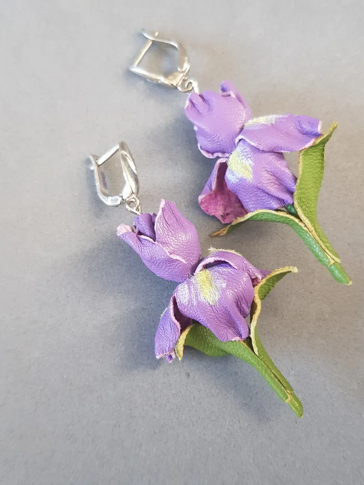 Iris leather earrings for her, Leather jewelry, 3rd anniversary gift for wife
