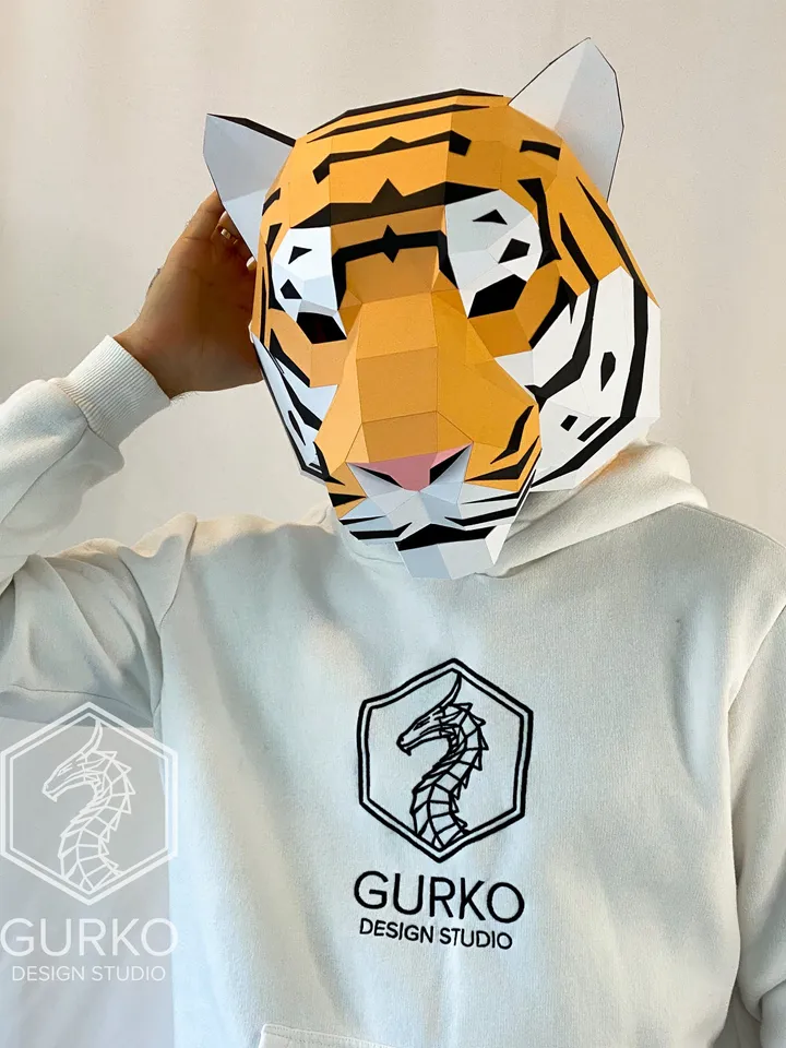 Tiger Mask Papercraft, Cat, Digital Template, PDF Download, Gurko, 3D Low Poly Animal Mask, DIY Origami, Pepakura, Paper Mask, DIY Costume