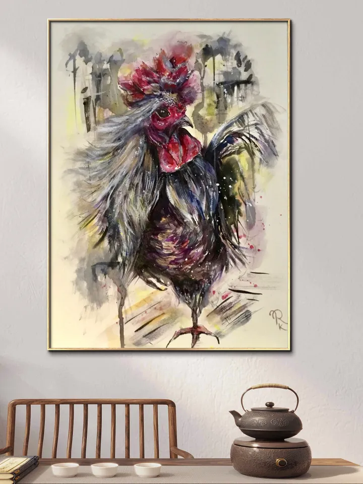 Silver rooster original watercolour mix media artwork on watercolour paper,birds painting watercolour,home decoration wall art,gift