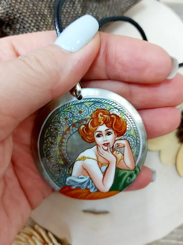 Pendant Alphonse Mucha Dream. Mother-of-pearl Hand-painted Russian jewelry magic of painting fine art jewelry Art gift Fedoskino Collectible