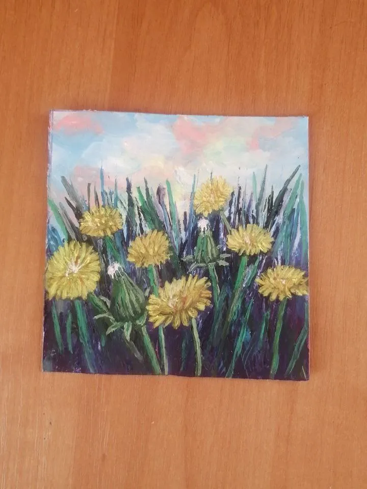 Dandelion flowers in a clearing. Miniature oil painting.Size 100 x 100 mm