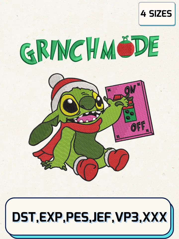 Funny Disney Stitch Grinch Mode On Embroidery Design,Christmas Embroidery Designs,Machine Embroidery Files,Stitch Grinch Embroidery Design,4 Sizes