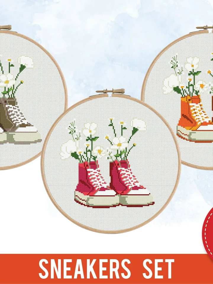 Sneakers with Flowers Bundle of 3 cross stitch pattern nature style boy girl nursery decor counted chart gift DIY embroidery, instant PDF