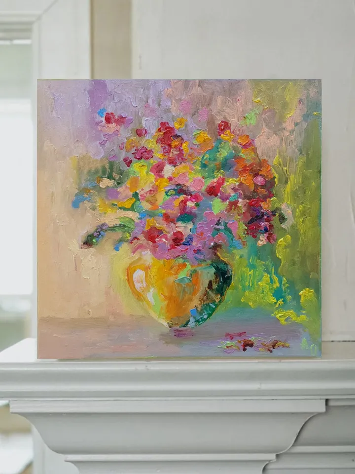 "Bouquet of sunny flowers" oil painting on canvas 30x30cm (12x12inch)