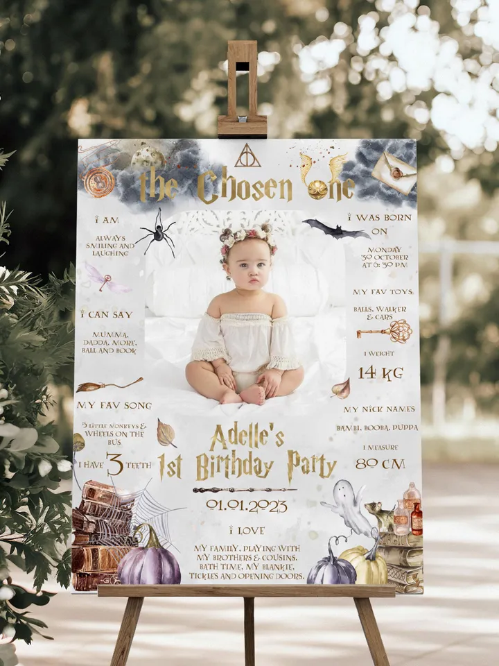 The Chosen One Birthday Party; Milestone Board Wizard Birthday Party; Magic School 1st Birthday; Editable Wizarding World Milestone Sign; a1