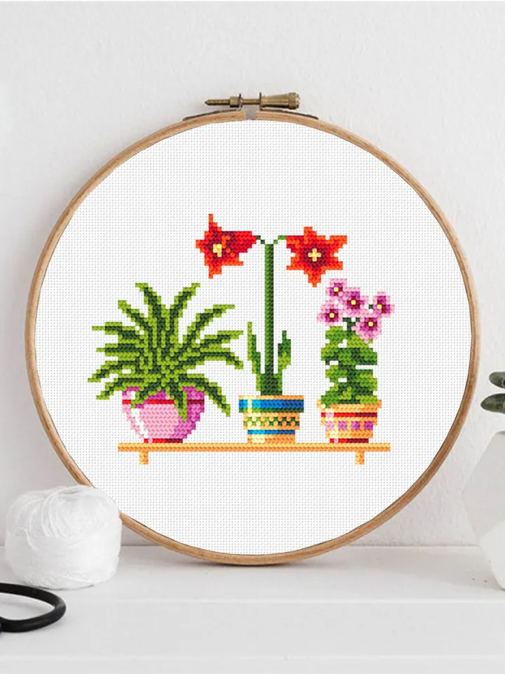 Potted house plants cross stitch pattern download PDF Floral cross stitch chart, Easy small cross stitch sampler, Plant lover gift #P9