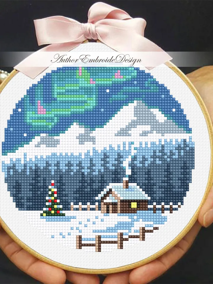 Northern lights cross stitch pattern PDF download Winter landscape cross stitch, Christmas pattern digital PDF, Winter house in forest #N165