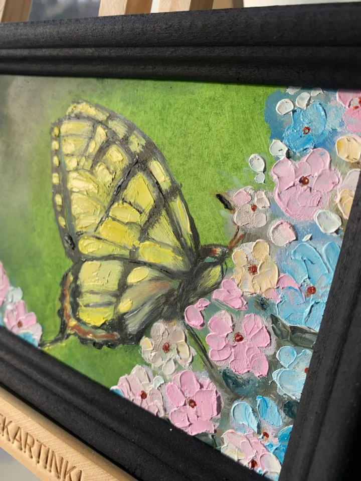 Butterfly in hydrangea original oil impasto painting in frame