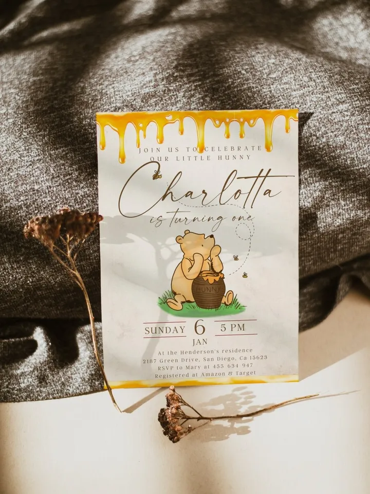 Winnie the Pooh Inspired First Birthday; Classic Winnie Pooh Invitations; Our Little Hunny is Turning One; Winnie Pooh Birthday Party Theme