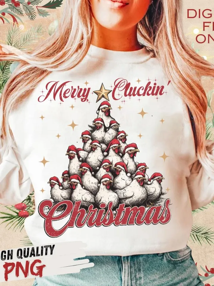 Merry Cluckin' Christmas, Christmas farmhouse Png file, Funny Trendy Merry Christmas Chickens Png Shirt, Tote bag Sublimation Design