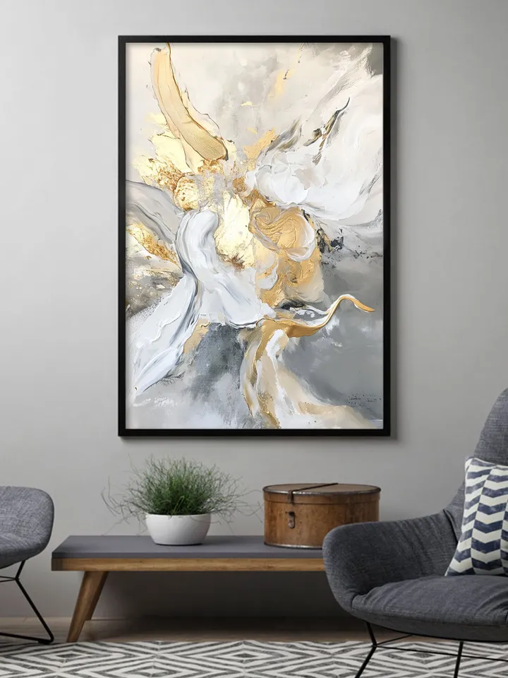 Hand-Painted Abstract Oil Painting | Modern Wall Art with Gold and Gray Accents | Elegant White and Silver Home Decor for Living Room