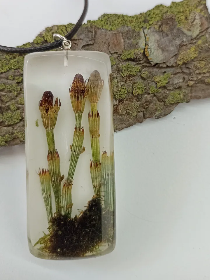 Green resin charm necklace with river horsetails Rectangle pendant with real plants