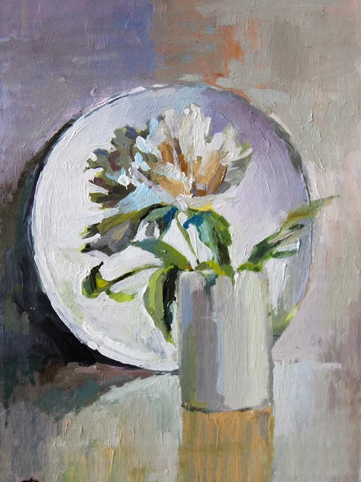Oil painting. White peony. Miniature.