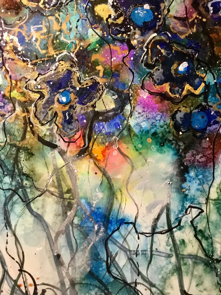 Dancing forest-Abstract fantasy alcohol inks mix media painting on yupo paper,wall decoration,one of a kind,abstract flower wood unique gift