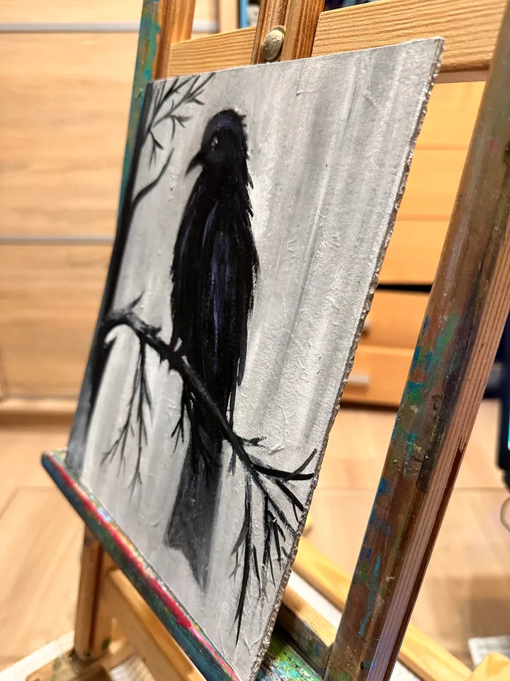 Oil Painting Raven Raven on a Bird Branch Winter Landscape Minimalism Wall Decor Cardboard 10x8 inches 25x20 cm