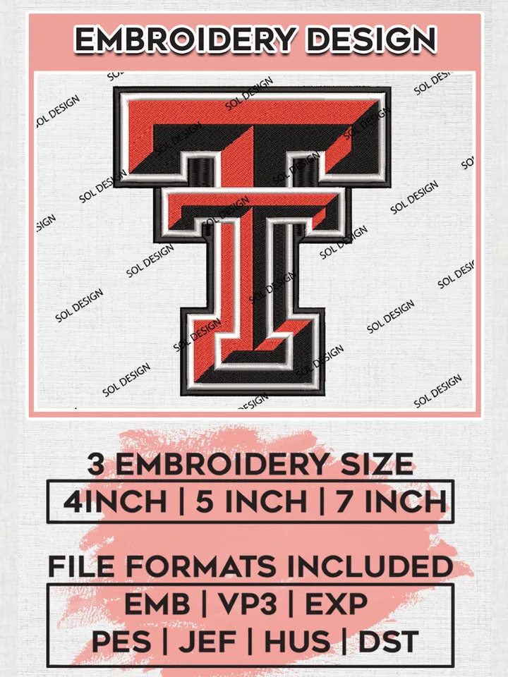 Texas Tech Red Raiders Logo Machine Embroidery Design, NCAA Texas Tech Red Raiders Embroidery Design Design files, NCAA Embroidery Designs, NCAA Machine Embroidery Designs, Digital Download