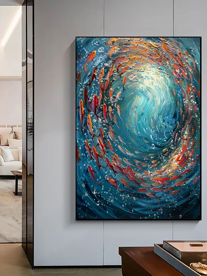 Original School Of Fish On The Bottom Of The Sea Oil Painting On Canvas, Abstract Blue Ocean Painting, Living Room Wall Art, Custom Painting