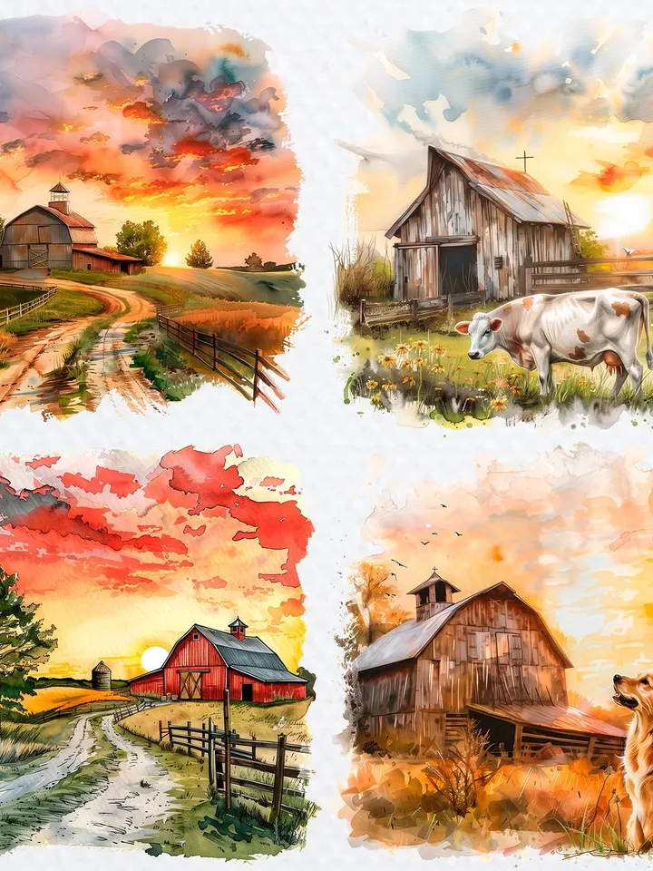 20 Farmyard in Sunrise Clipart, Printable Watercolor Farm landscape clipart for sublimation, High Resolution, junk journal, Paper craft