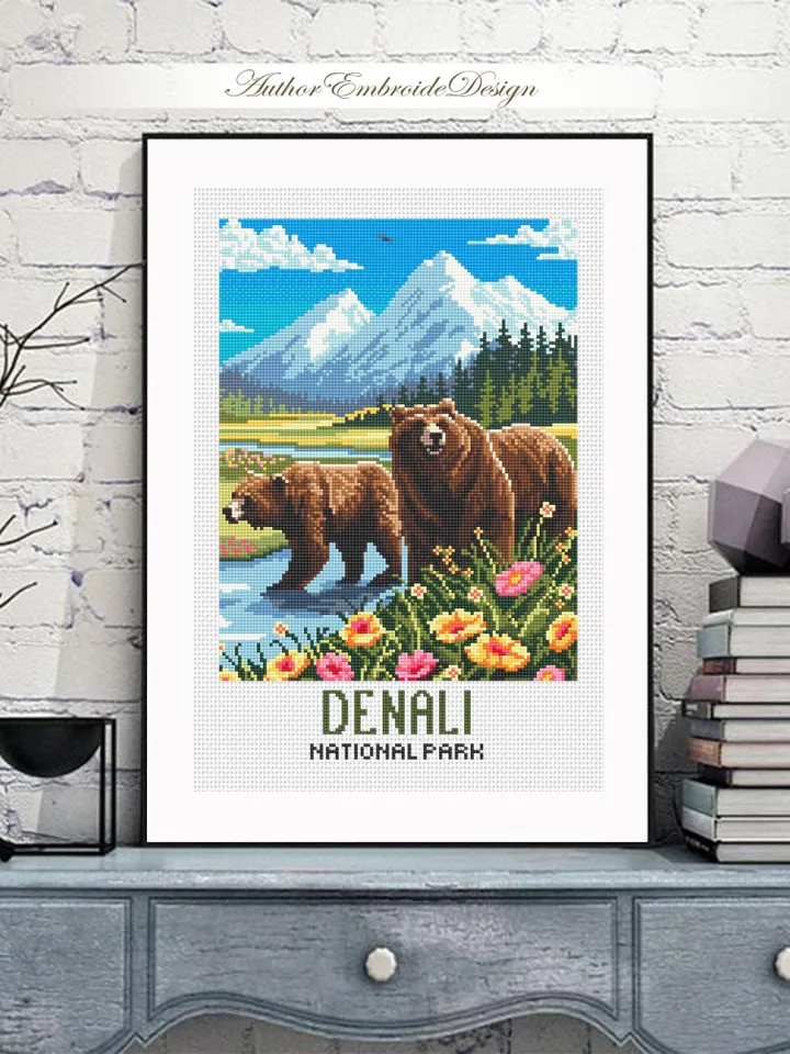 Denali national park cross stitch pattern PDF download Bear cross stitch chart, Mountain landscape pattern digital PDF, Travel poster #L99