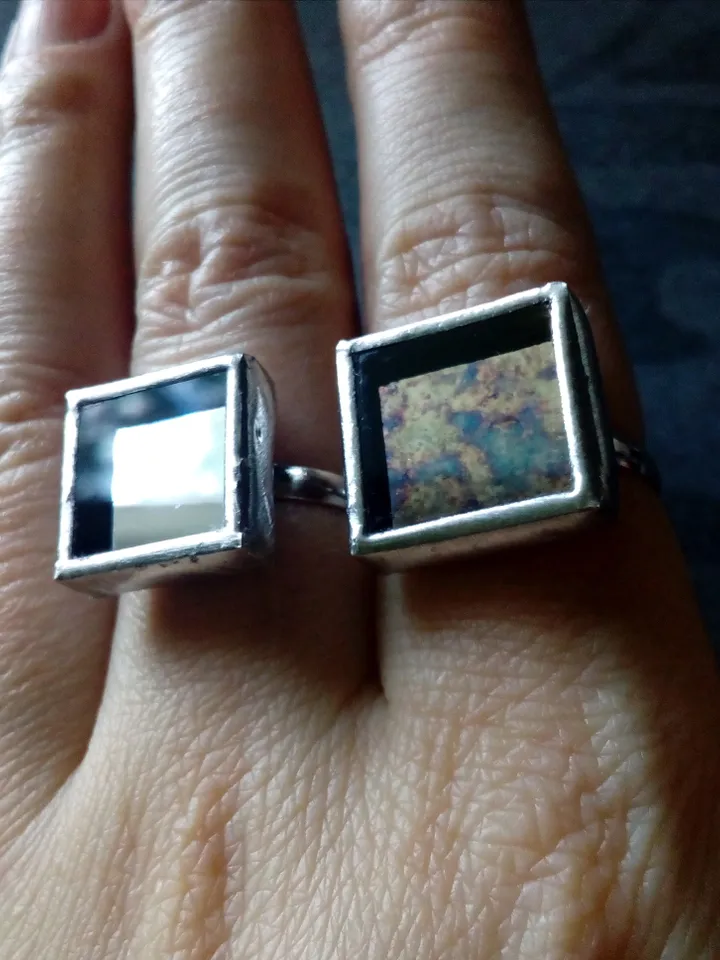 Mirror ring, squar ring, simple stained glass, tin soldered glass ring, old amalgam, scrying mirror ring, glass ring