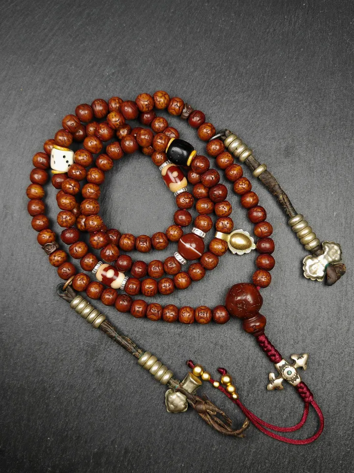 Gandhanra Old Tibetan Mala,Authentic 10mm 108 Kirin Eyes Bodhi Seed Prayer Beads - Handcrafted Tibetan Rosary with Unique Mix of Treasures