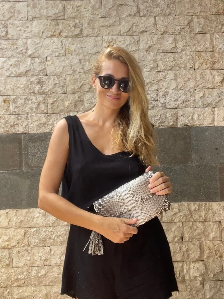 Genuine python skin classy grey flat clutch with shoulder chain | elegant evening women purse | designer leather bags | small snake bag