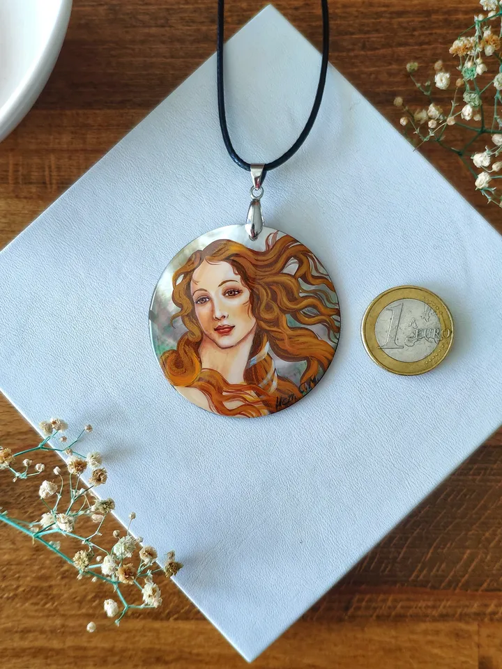 Pearl pendant necklace: Greek goddess on handmade jewelry • The Birth of Venus painted on aesthetic necklace • Elegant art on dainty pendant