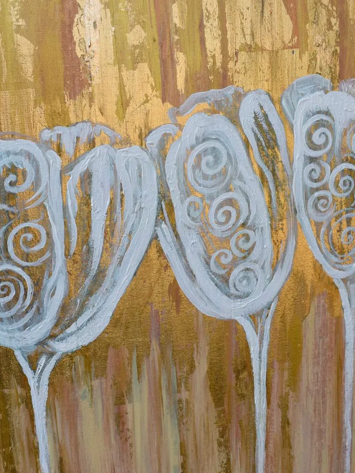 Gold and White Abstract Wall Art Floral Painting Tulips Original art White Flowers artwork by Juliya JC