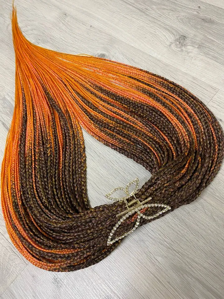 Ombre synthetic Braids brown to orange with loose ends, Double ended synthetic dreadlocks. DE hair extensions.