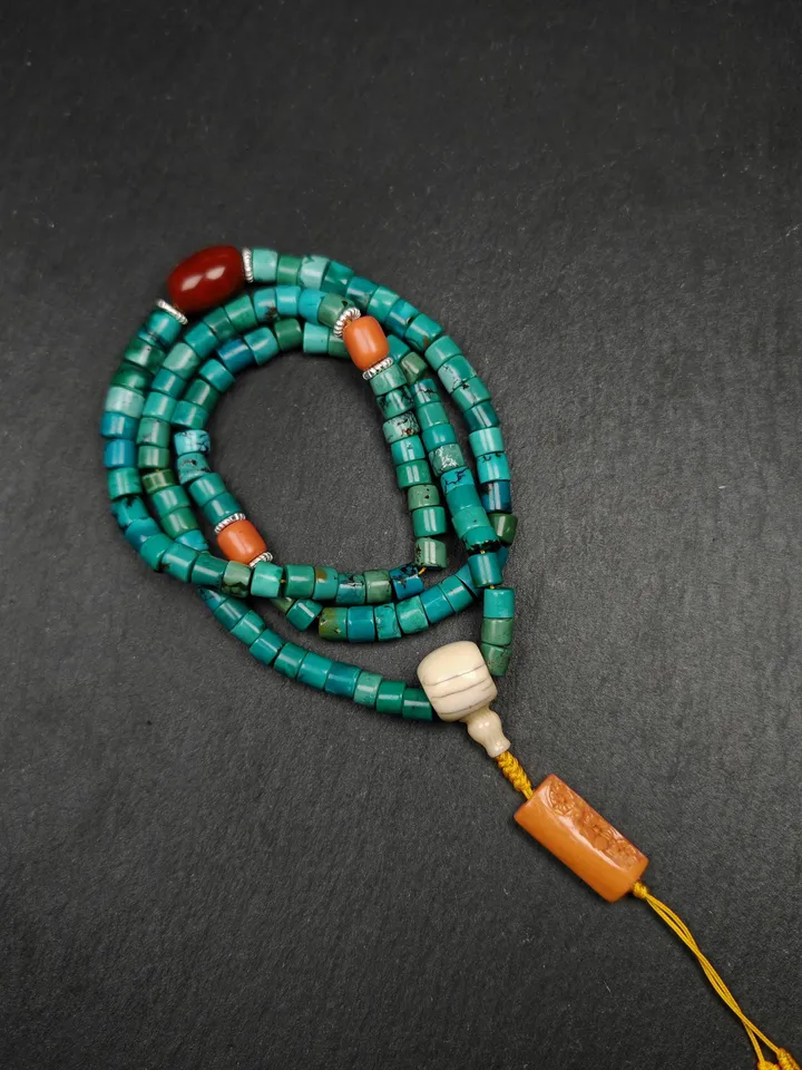 Old 108 6mm Turquoise Beads Bracelet Mala for Women,Gandhanra Tibetan Jewelry Prayer Beads for Meditation Practice,Spiritual Gift