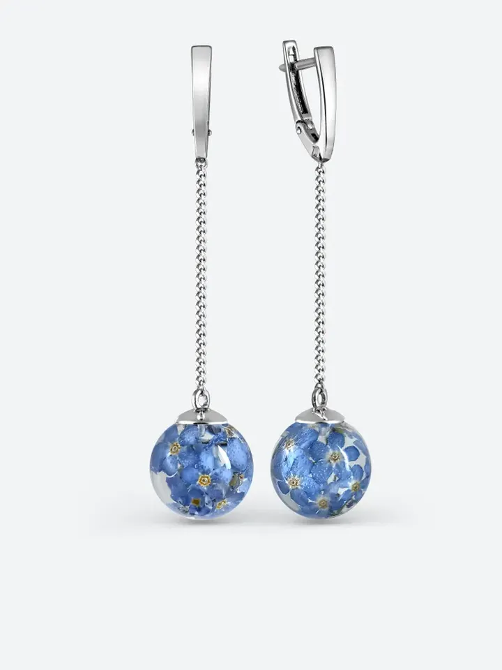 Earrings Silver rhodium plated 925 stars with real forget-me-nots