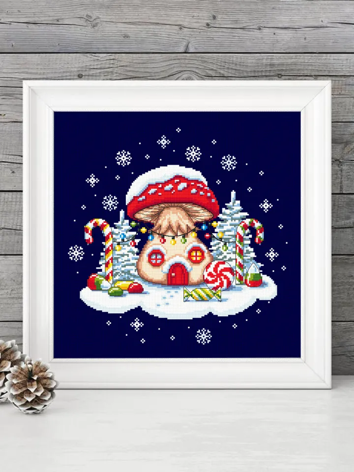Christmas mushroom cross stitch pattern PDF download, Fairy house cross stitch chart, Magic Fly agaric Amanita, Sweet Christmas candy #N82