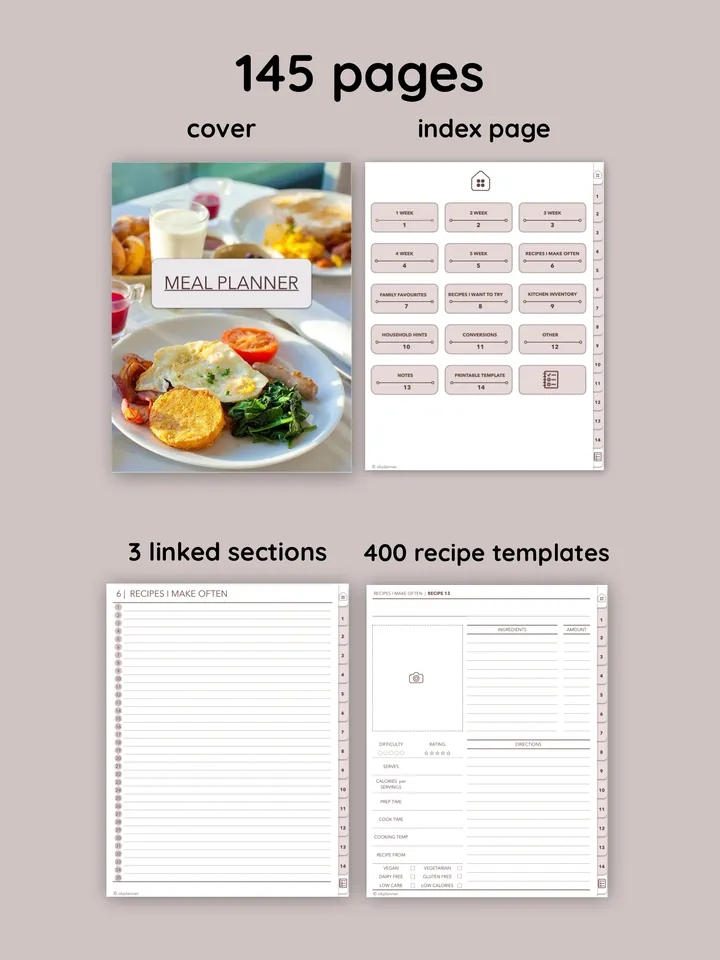 Digital Meal planner. Food diary. Weekly meal journal. Grocery list. Printable meal plan. Hyperlinked Recipe Planner
