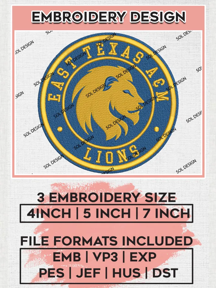 East Texas A&M Lions College Team Round Logo Embroidery Design Files, NCAA East Texas A&M Lions Machine Embroidery, NCAA Teams, 3 sizes, NCAA Machine embroidery designs, Digital Download