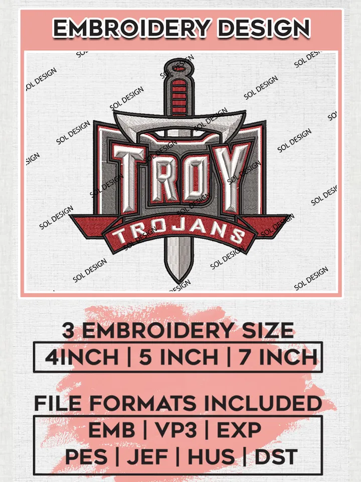 Troy Trojans NCAA Team Logo embroidery designs, NCAA Troy Trojans Machine embroidery designs, NCAA College Team Logo embroidery designs, Machine embroidery designs, Digital Download