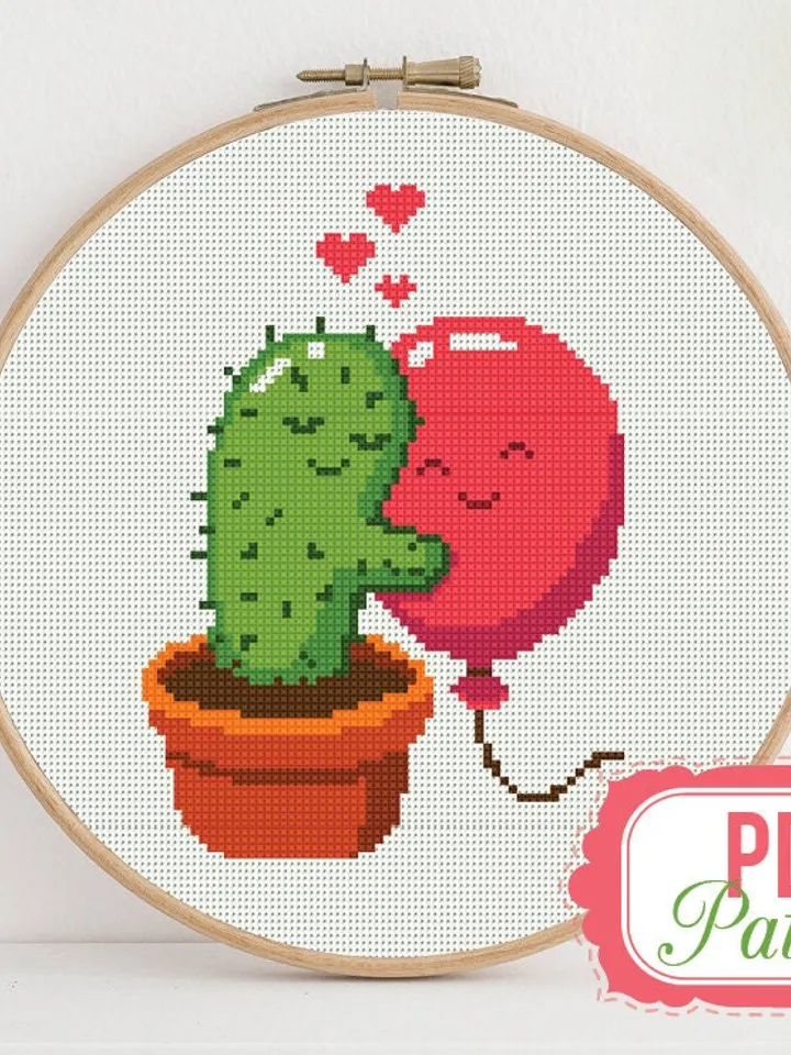 Cross stitch pattern Sweet Hug Cactus Balloon Cross stitch pattern Green Red  Flower Floral PDF Format Instant Download Modern