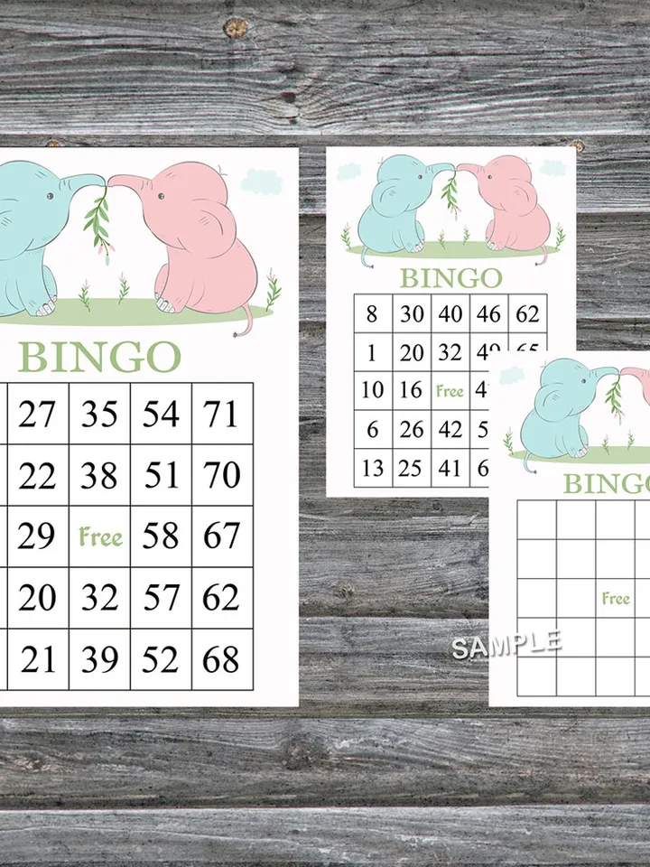 Baby Elephant bingo cards,Elephant bingo game,Elephant printable bingo cards,60 Bingo Cards,INSTANT DOWNLOAD--195