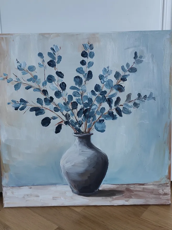 Original oil painting on canvas still life with eucalyptus