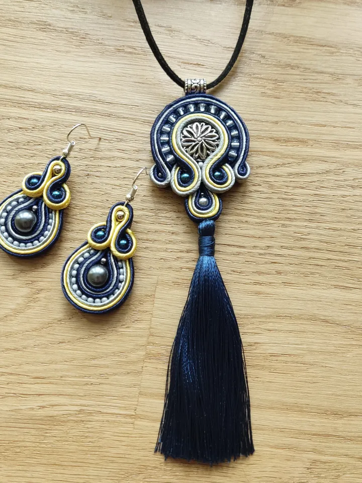 Blue tassel necklace and earrings, Boho Necklace, Soutache jewelry set, Ethnic necklace, Mandala
