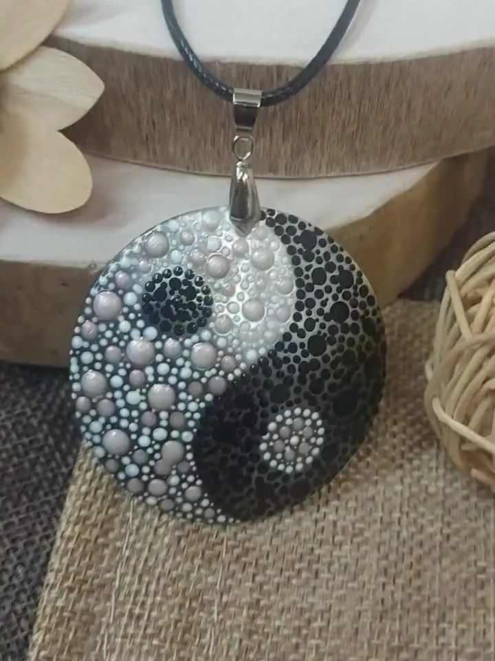 Pearl pendant necklace: Black and White Yin Yang necklace in dotwork style. Handmade jewelry for stylish women. Aesthetic jewelry gift