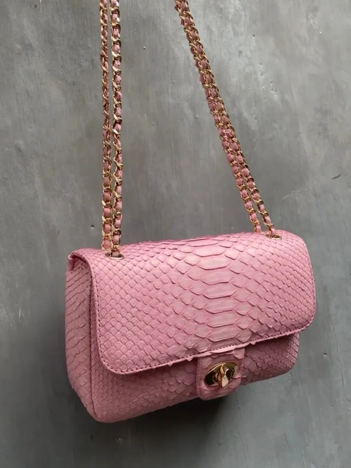 Genuine python Skin baby pink  Classy Women Bag | Chain Crossbody | Leather Women Bag | Classy Elegant Summer Bag Handmade | Exotic leather