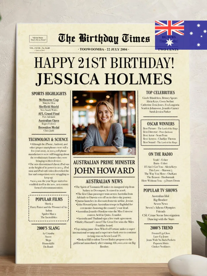 21st Birthday NEWSPAPER Poster Sign with Australian facts, Back In 2004, 21st birthday party sign, Birthday Gift Ideas for him or her