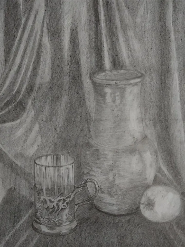 Still life pencil drawing coaster apple fabric vintage paper 12x8 inches