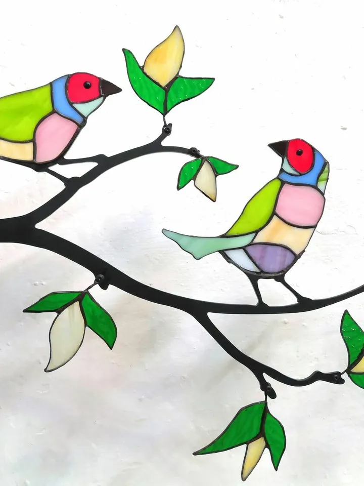 Tiffany Stained Glass. Gouldian Finches on a Branch