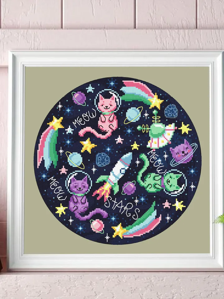 Space cat cross stitch pattern PDF download Funny cat in space cross stitch chart, Astronaut cat embroidery PDF, Outer space, Cat art #K59