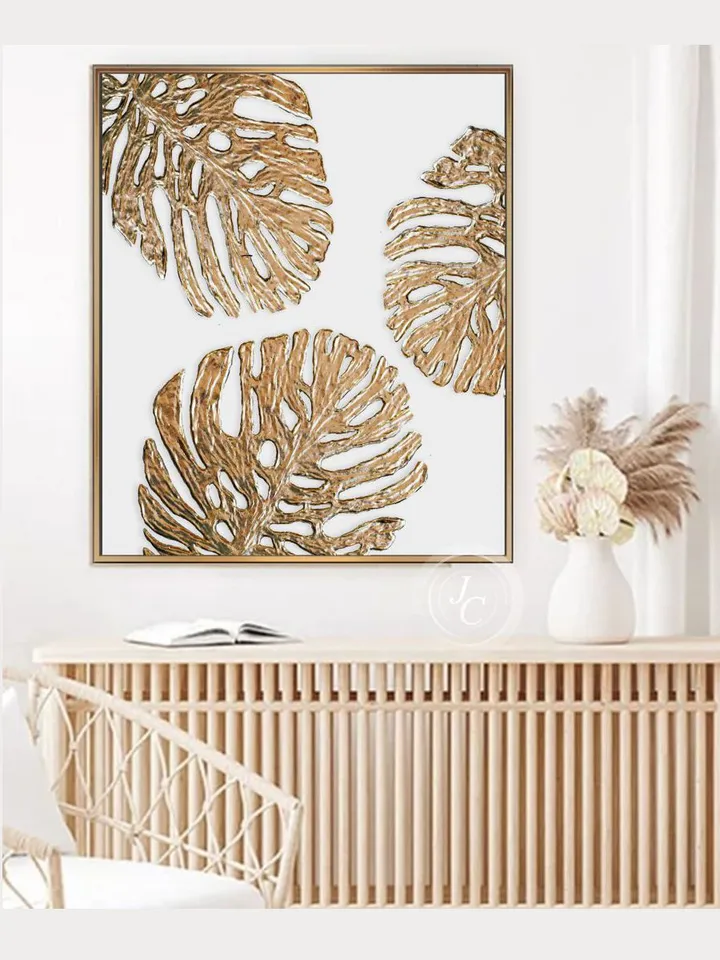 Gold Monstera leaves Painting White and Gold Abstract Wall Art | Botanical Original Art Modern artwork