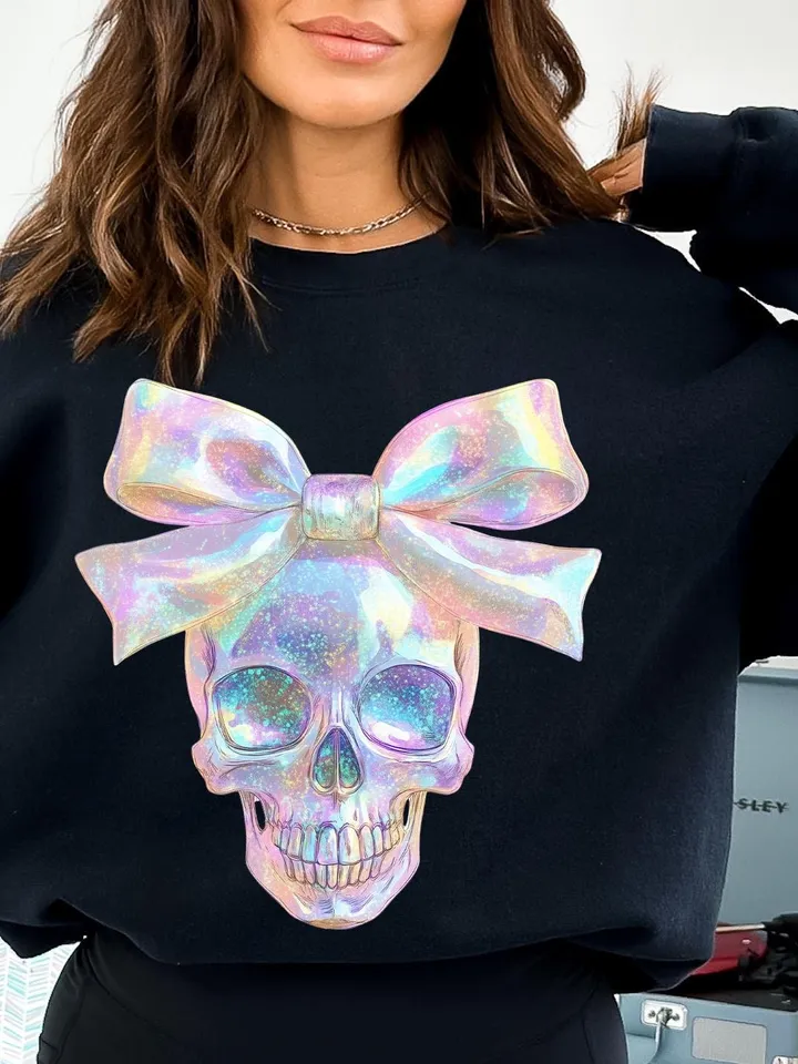 Iridescent Skull PNG, Coquette Halloween Design, Iridescent Ghost Skull Design, Halloween PNG, Girly Halloween Png, Cute Gothic Png