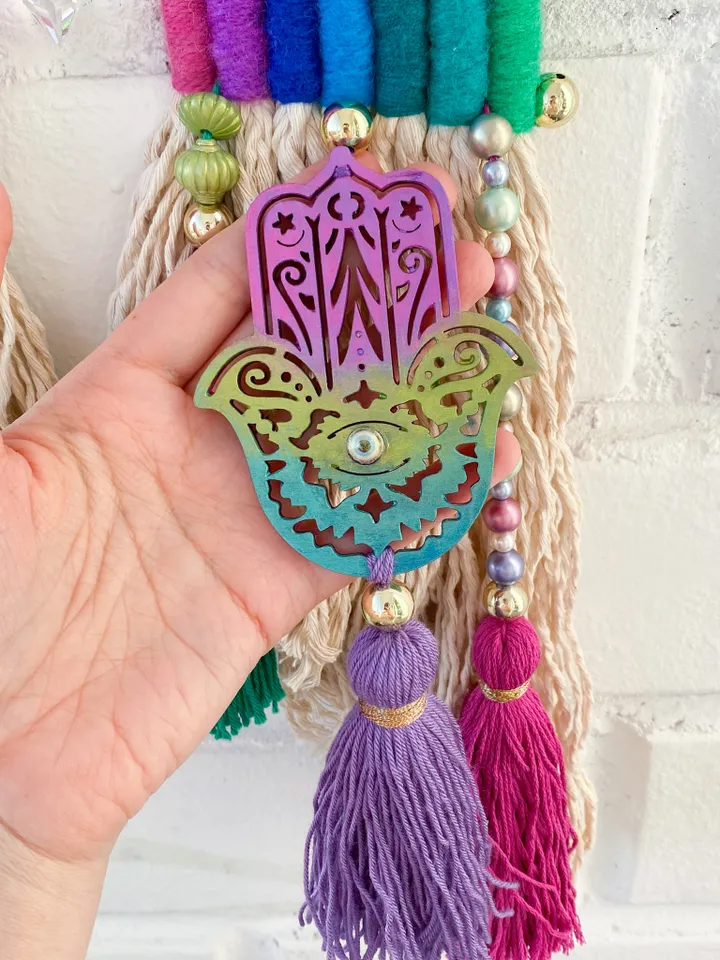 Unique birthday gift, Hamsa hand with evil eye wall decor, Macrame rainbow wall hanging, sun catcher crystal