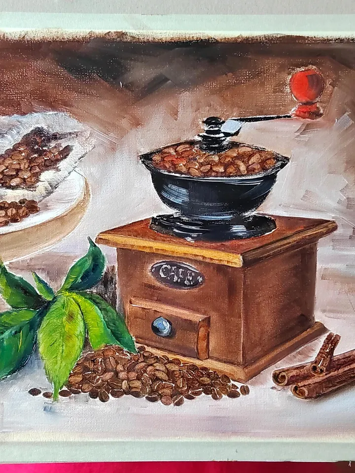 Manual Coffee Mill & Coffee Beans Artwork Original Oil Painting 10.63x15.35 in by ArtCafe